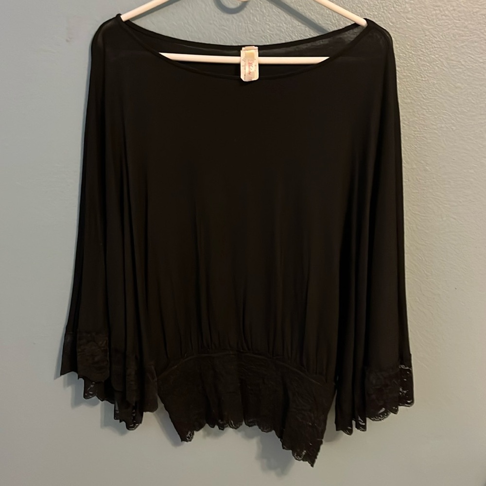 Black Long Sleeve Top with Lace Hem